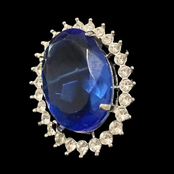 Blue Faceted Glass Pendant or Brooch Combo Silver Tone with Rhinestones - Picture 7 of 12